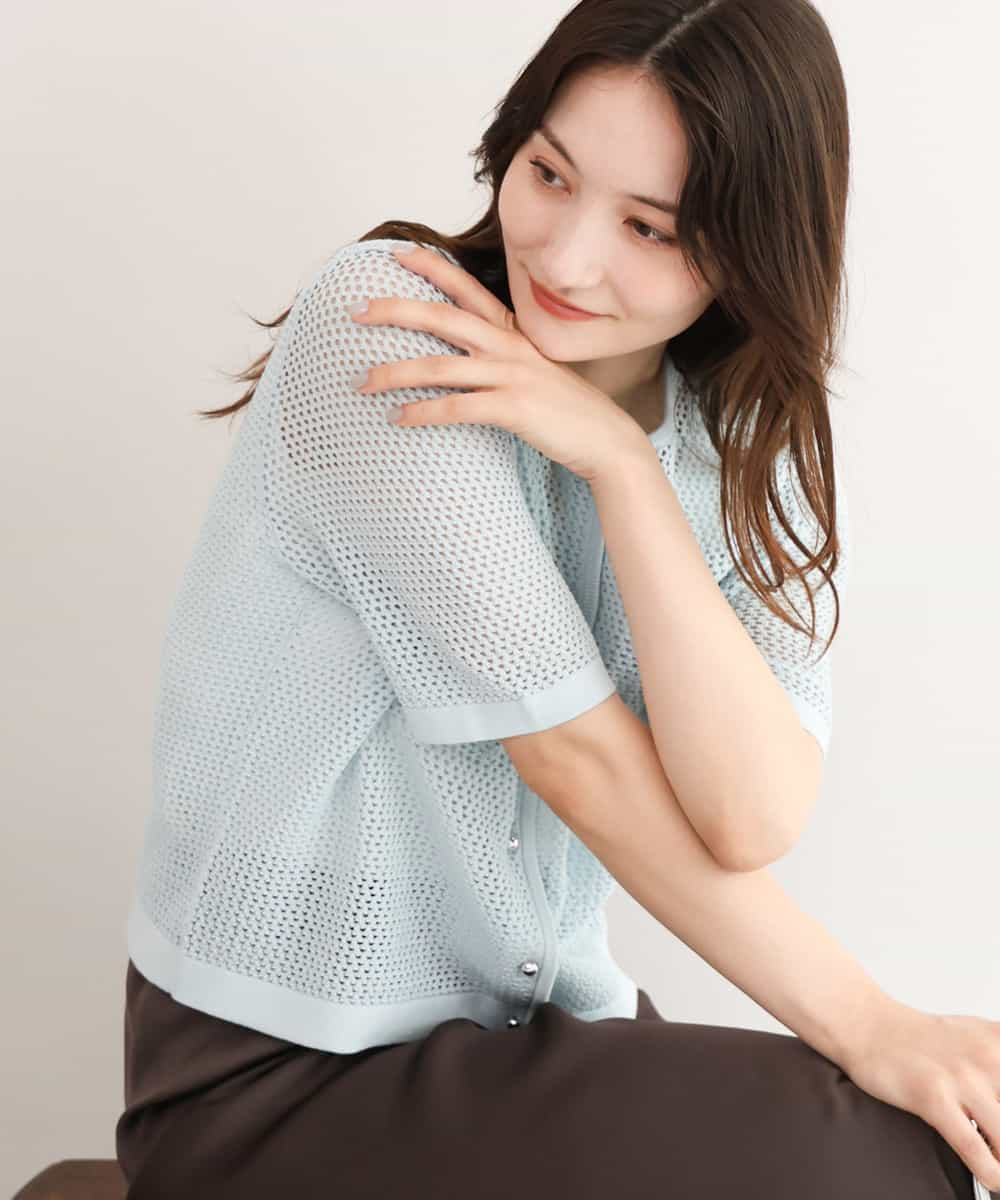 FKSID70140 MK MICHEL KLEIN(MK ミッシェルクラン) [洗える]メッシュ編み半袖ジャケットライクニット ライトブルー