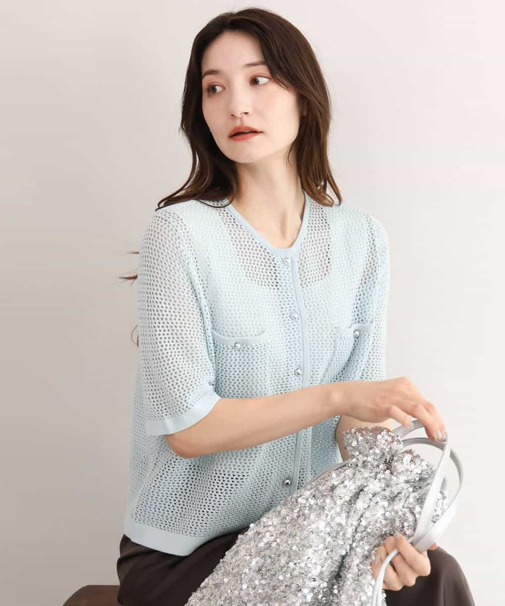 FKSID70140 MK MICHEL KLEIN(MK ミッシェルクラン) [洗える]メッシュ編み半袖ジャケットライクニット ホワイト