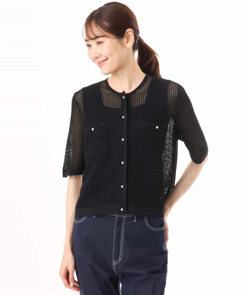 FKSID70140 MK MICHEL KLEIN(MK ミッシェルクラン) [洗える]メッシュ編み半袖ジャケットライクニット ホワイト