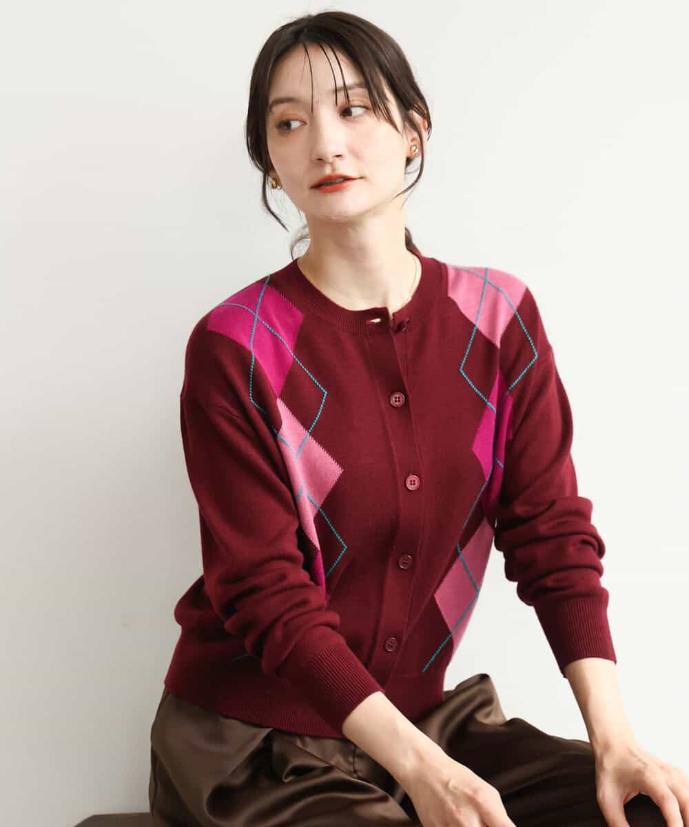 FKSJD30160 MK MICHEL KLEIN(MK ミッシェルクラン) [洗える]配色アーガイル柄ニットカーディガン ワイン