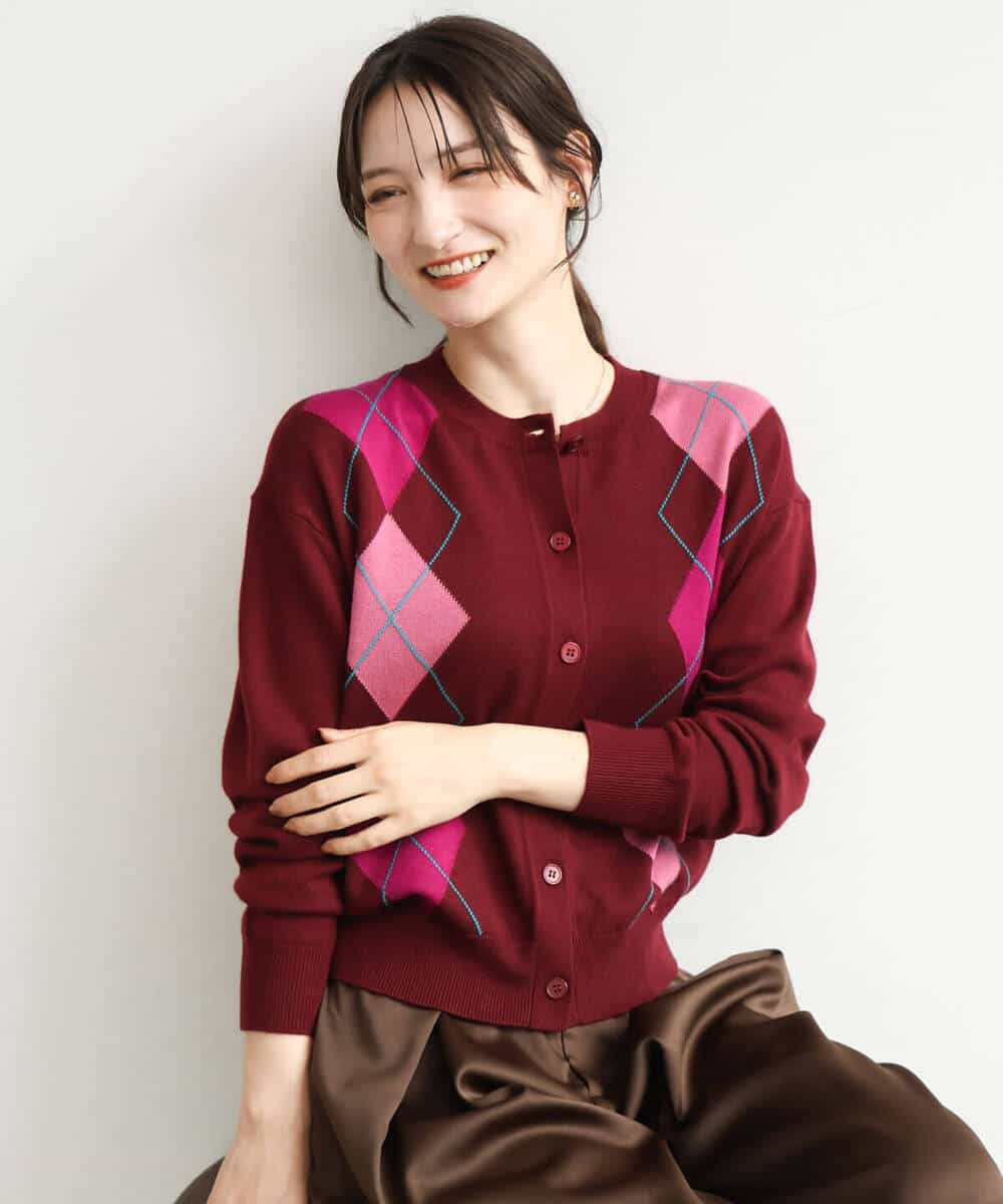 FKSJD30160 MK MICHEL KLEIN(MK ミッシェルクラン) [洗える]配色アーガイル柄ニットカーディガン グレー