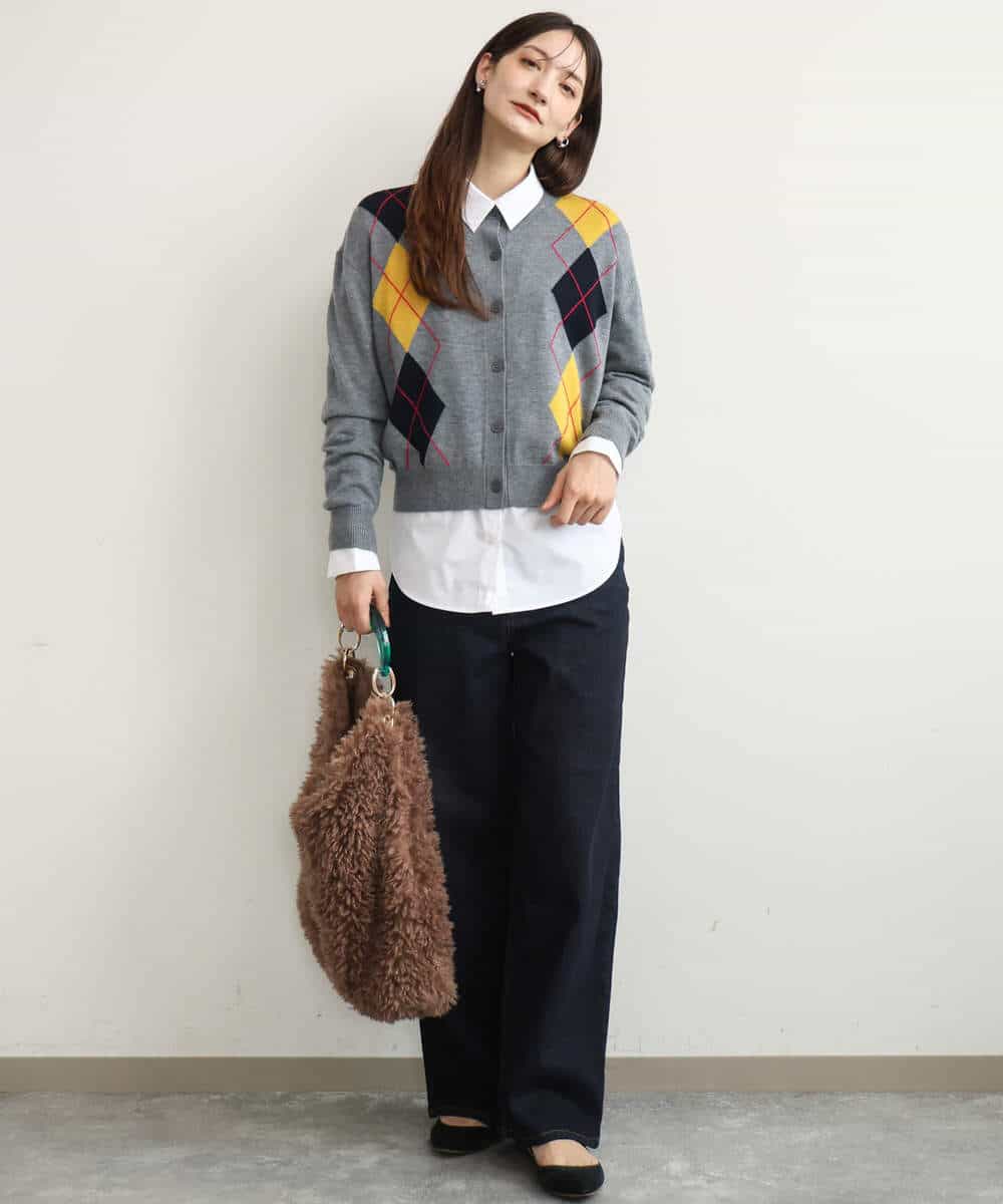 FKSJD30160 MK MICHEL KLEIN(MK ミッシェルクラン) [洗える]配色アーガイル柄ニットカーディガン グレー