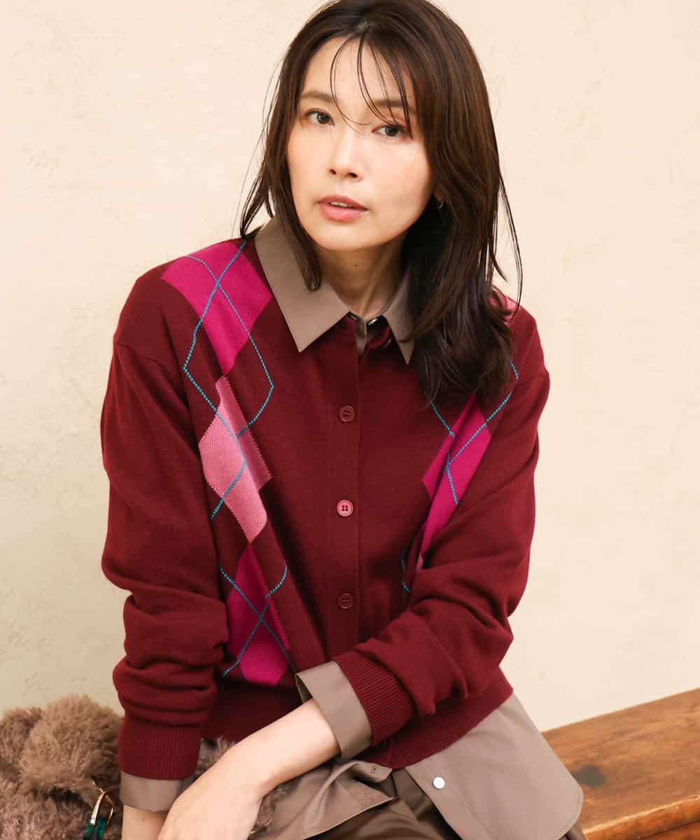 FKSJD30160 MK MICHEL KLEIN(MK ミッシェルクラン) [洗える]配色アーガイル柄ニットカーディガン グレー