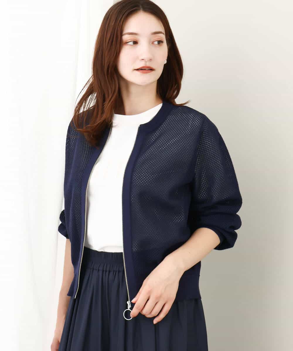 FKSJV20170 MK MICHEL KLEIN(MK ミッシェルクラン) メッシュ編みシアーZIPニットブルゾン/洗える マスタード