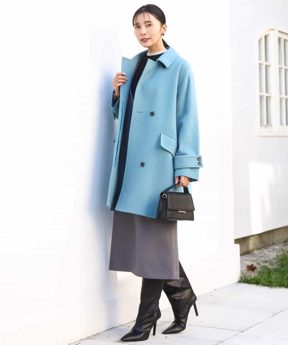 FKUAD50400 MK MICHEL KLEIN(MK ミッシェルクラン) SUPER100sウール スタンドカラーミドルコート ブルーグリーン