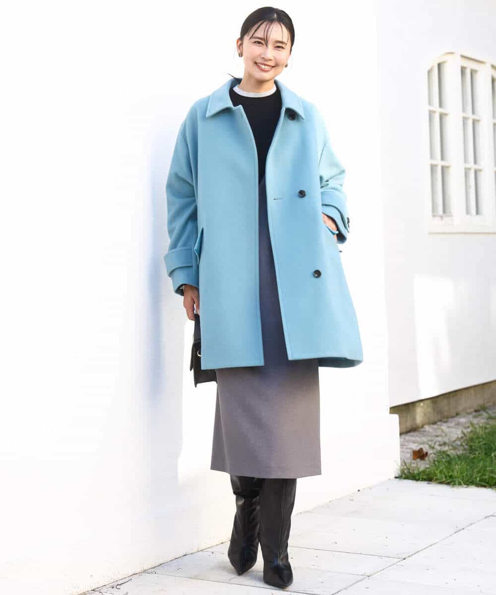 FKUAD50400 MK MICHEL KLEIN(MK ミッシェルクラン) SUPER100sウール スタンドカラーミドルコート ブルーグリーン