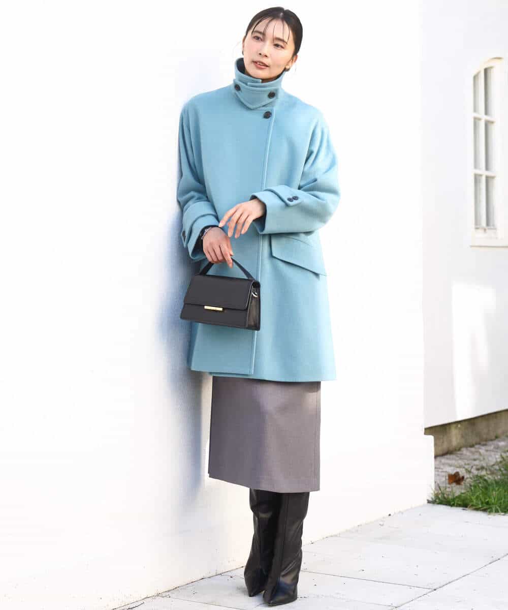 FKUAD50400 MK MICHEL KLEIN(MK ミッシェルクラン) SUPER100sウール スタンドカラーミドルコート ブルーグリーン