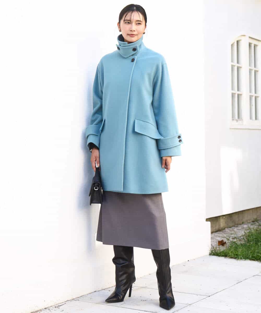 FKUAD50400 MK MICHEL KLEIN(MK ミッシェルクラン) SUPER100sウール スタンドカラーミドルコート ブルーグリーン