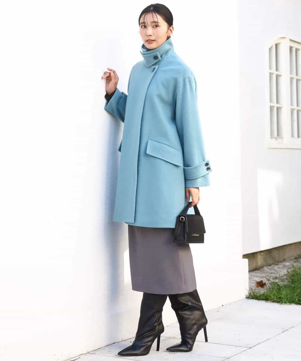 FKUAD50400 MK MICHEL KLEIN(MK ミッシェルクラン) SUPER100sウール スタンドカラーミドルコート ブルーグリーン