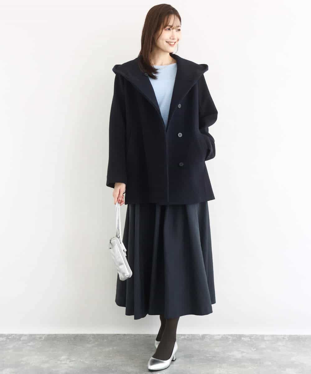 FKUAD55360 MK MICHEL KLEIN(MK ミッシェルクラン) エアリアルウール ミドル丈フーデットコート ブルー