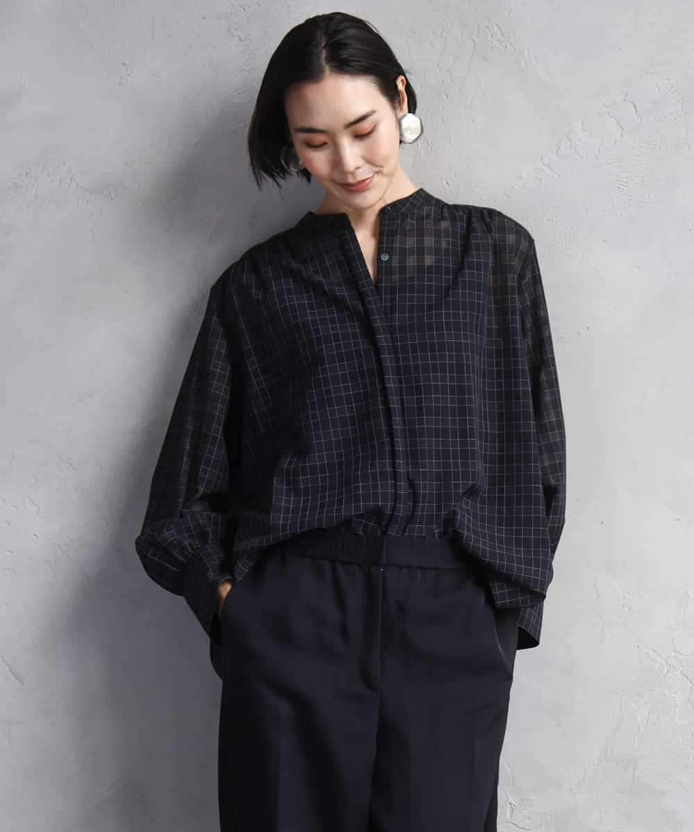 FMBAD09260 MICHEL KLEIN(ミッシェルクラン) シアーチェックAラインブラウス ブラック