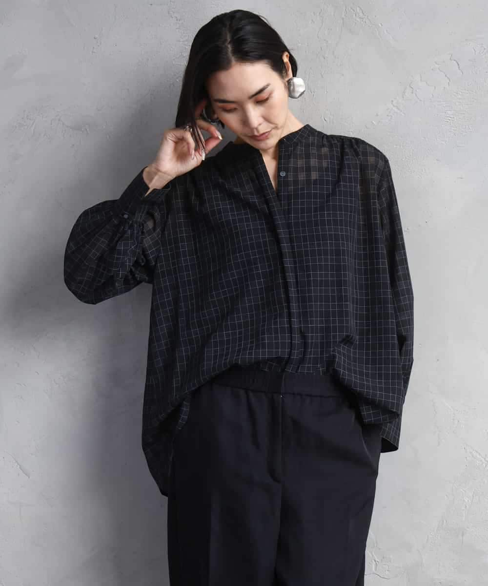 FMBAD09260 MICHEL KLEIN(ミッシェルクラン) シアーチェックAラインブラウス ブラック