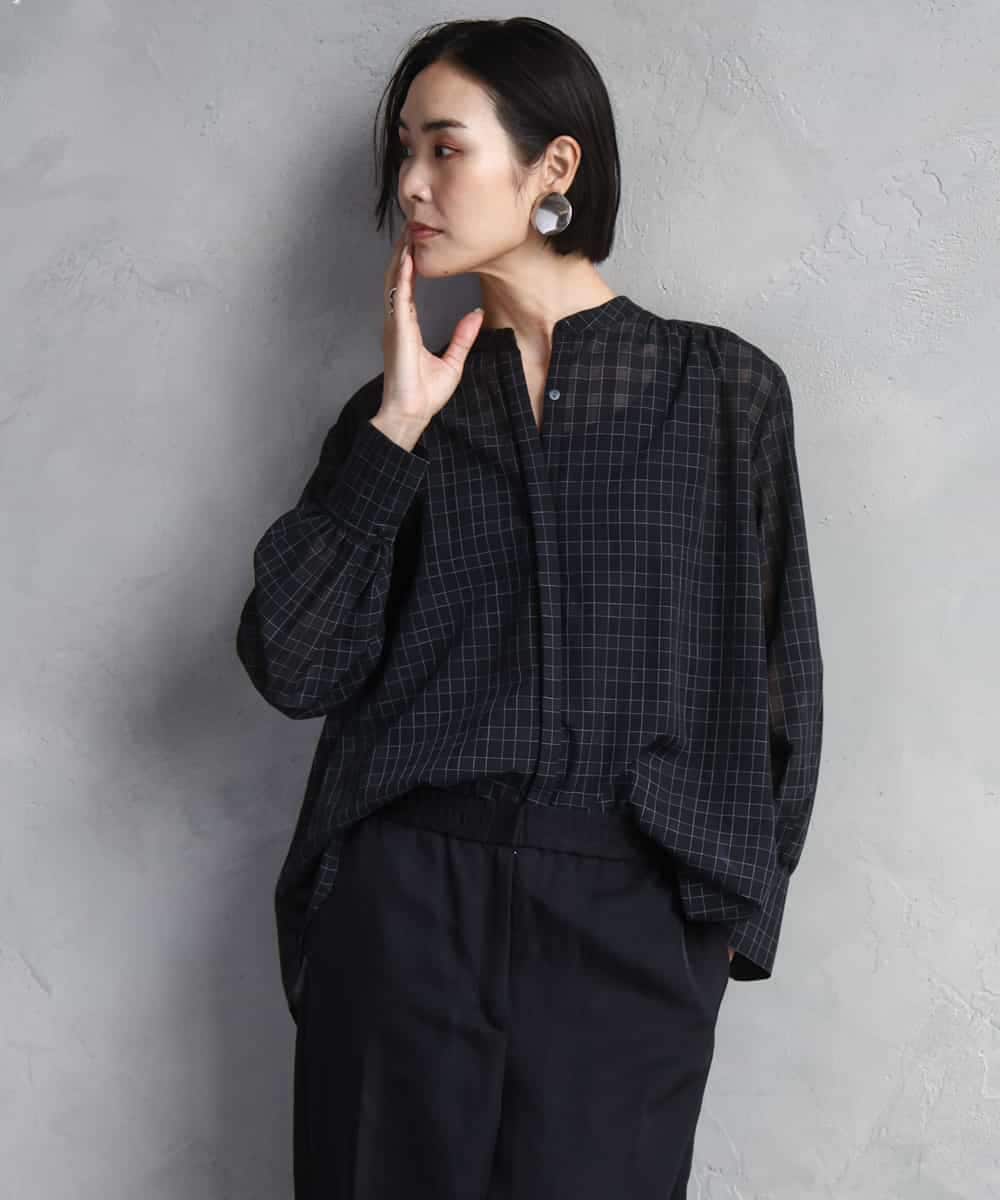 FMBAD09260 MICHEL KLEIN(ミッシェルクラン) シアーチェックAラインブラウス ブラック