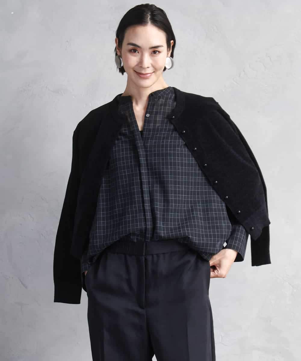 FMBAD09260 MICHEL KLEIN(ミッシェルクラン) シアーチェックAラインブラウス ブラック