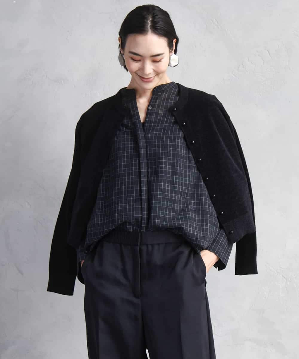 FMBAD09260 MICHEL KLEIN(ミッシェルクラン) シアーチェックAラインブラウス ブラック