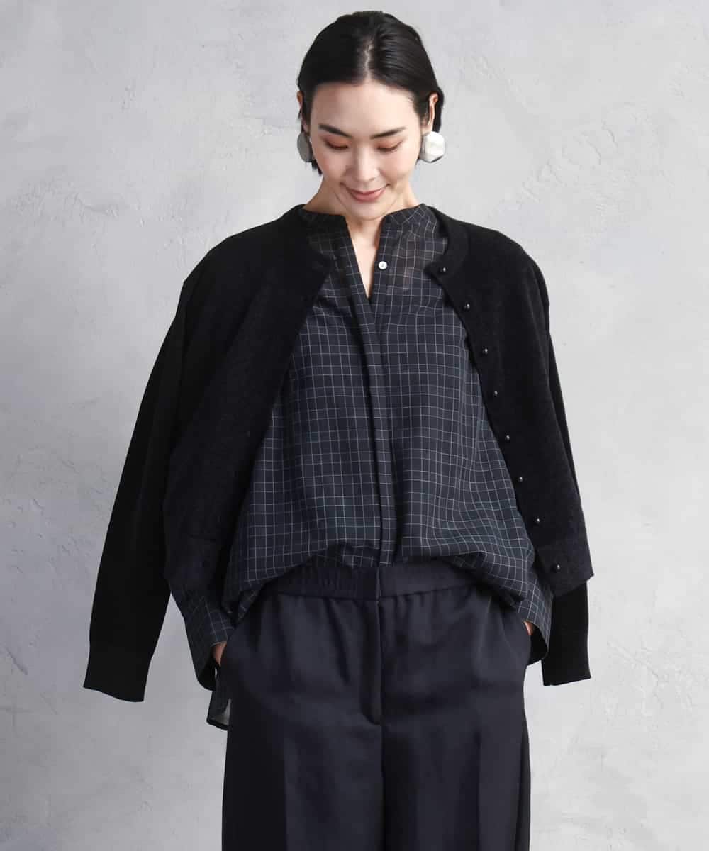 FMBAD09260 MICHEL KLEIN(ミッシェルクラン) シアーチェックAラインブラウス ブラック