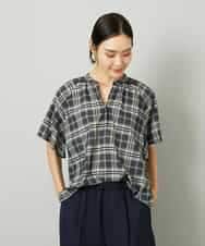 FMBAD15180 MICHEL KLEIN(ミッシェルクラン) [セットアップ対応]ギャザーブラウス　シアーチェック柄 ブラック