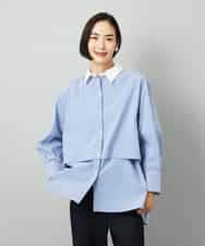 FMBAD19270 MICHEL KLEIN(ミッシェルクラン) [2WAY]クレリックオーバーサイズストライプシャツ ブルー
