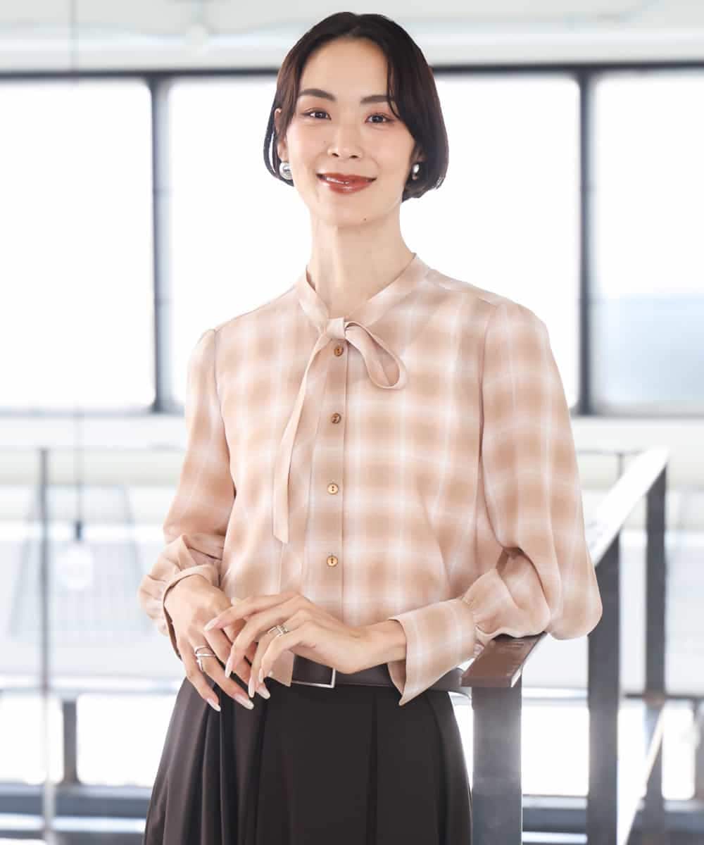 FMBAG07220 MICHEL KLEIN(ミッシェルクラン) [セットアップ対応]リボンチェックブラウス オレンジ