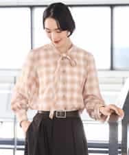 FMBAG07220 MICHEL KLEIN(ミッシェルクラン) [セットアップ対応]リボンチェックブラウス オレンジ