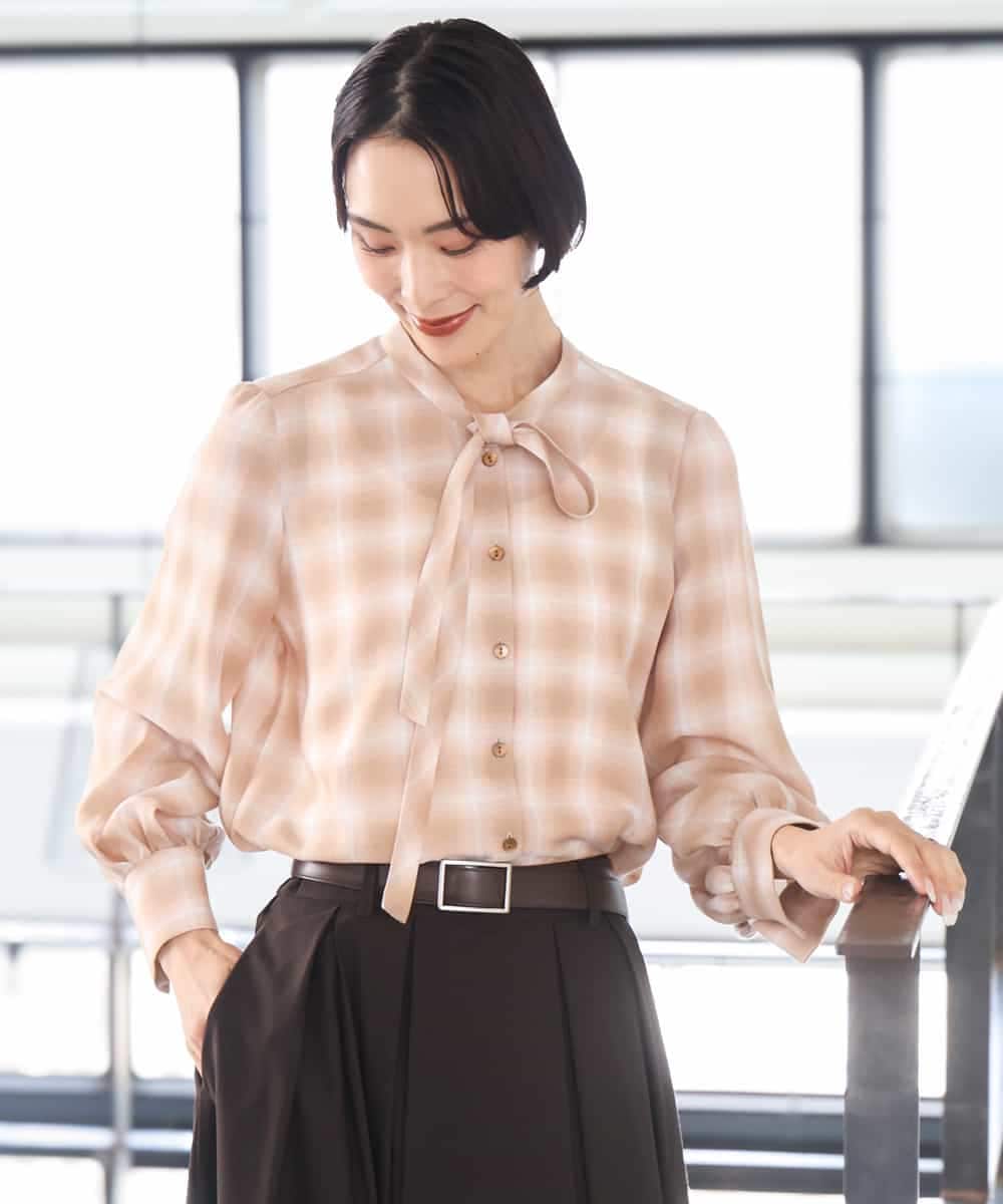 FMBAG07220 MICHEL KLEIN(ミッシェルクラン) [セットアップ対応]リボンチェックブラウス オレンジ