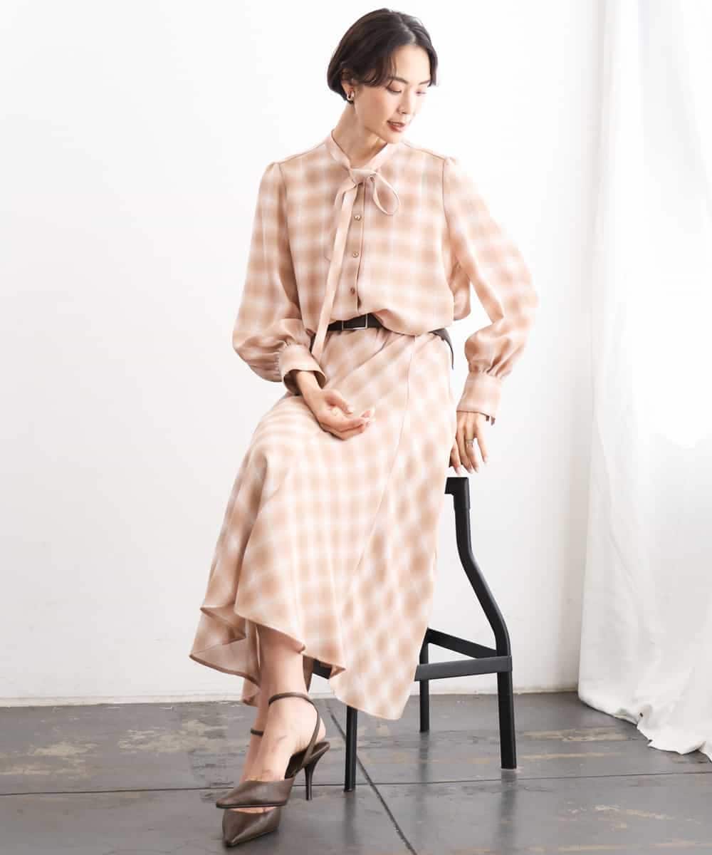 FMBAG07220 MICHEL KLEIN(ミッシェルクラン) [セットアップ対応]リボンチェックブラウス オレンジ