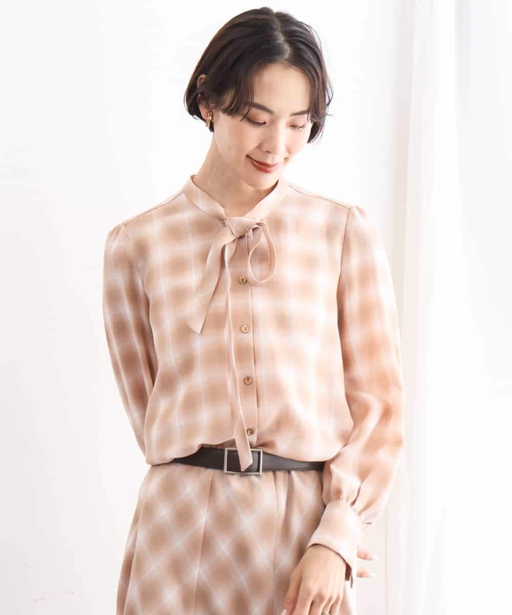 FMBAG07220 MICHEL KLEIN(ミッシェルクラン) [セットアップ対応]リボンチェックブラウス オレンジ