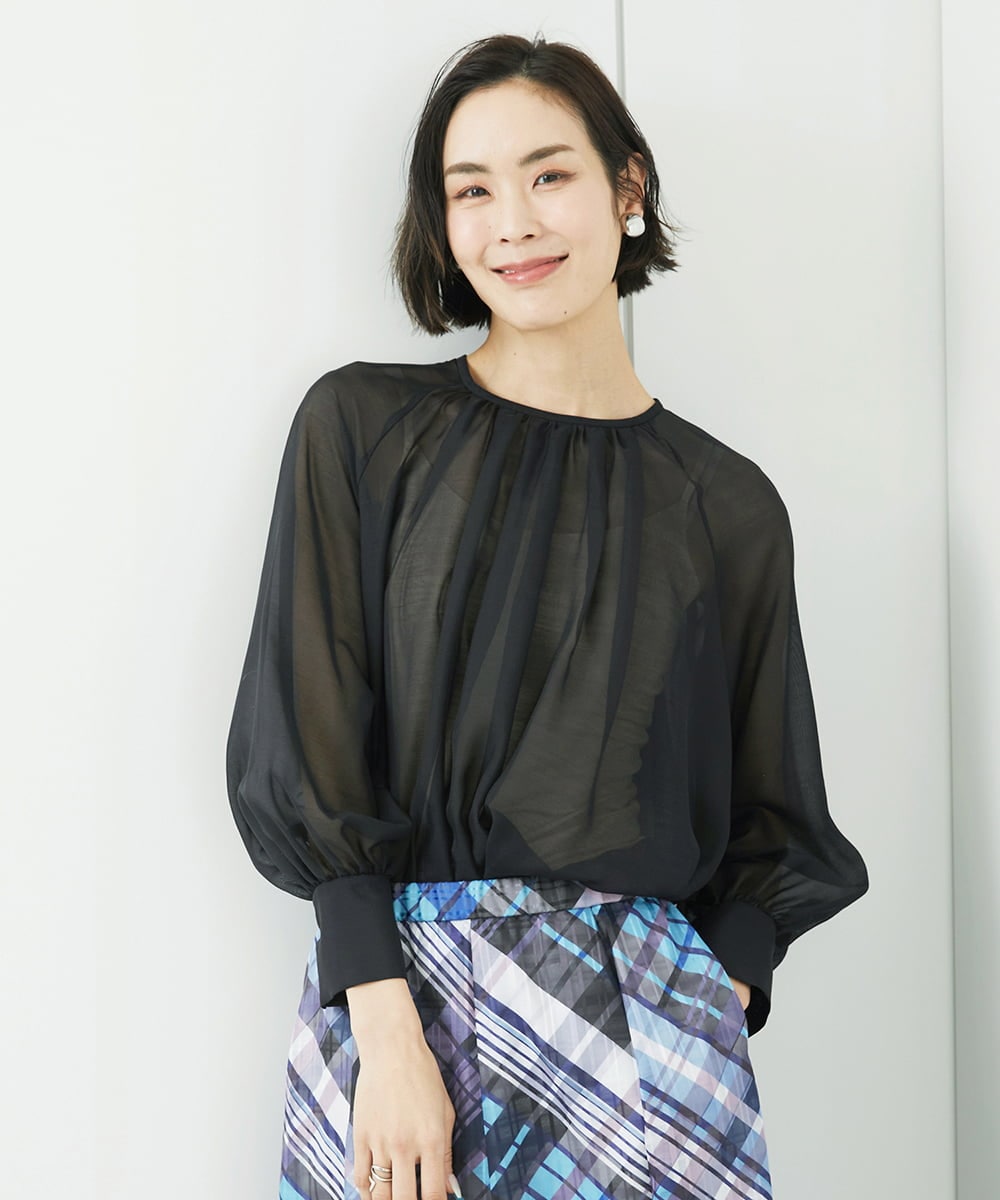FMBGA02260 MICHEL KLEIN(ミッシェルクラン) ボリュームスリーブシアーブラウス(WEB限定カラーあり) ブラウン(WEB限定カラー)
