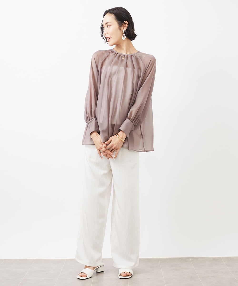 FMBGA02260 MICHEL KLEIN(ミッシェルクラン) ボリュームスリーブシアーブラウス(WEB限定カラーあり) ブラウン(WEB限定カラー)