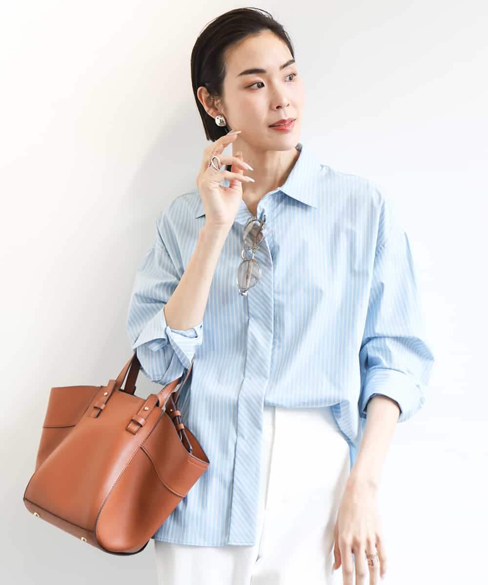 FMBGA08290 MICHEL KLEIN(ミッシェルクラン) [セットアップ対応]ビックシルエットストライプシャツ ライトブルー