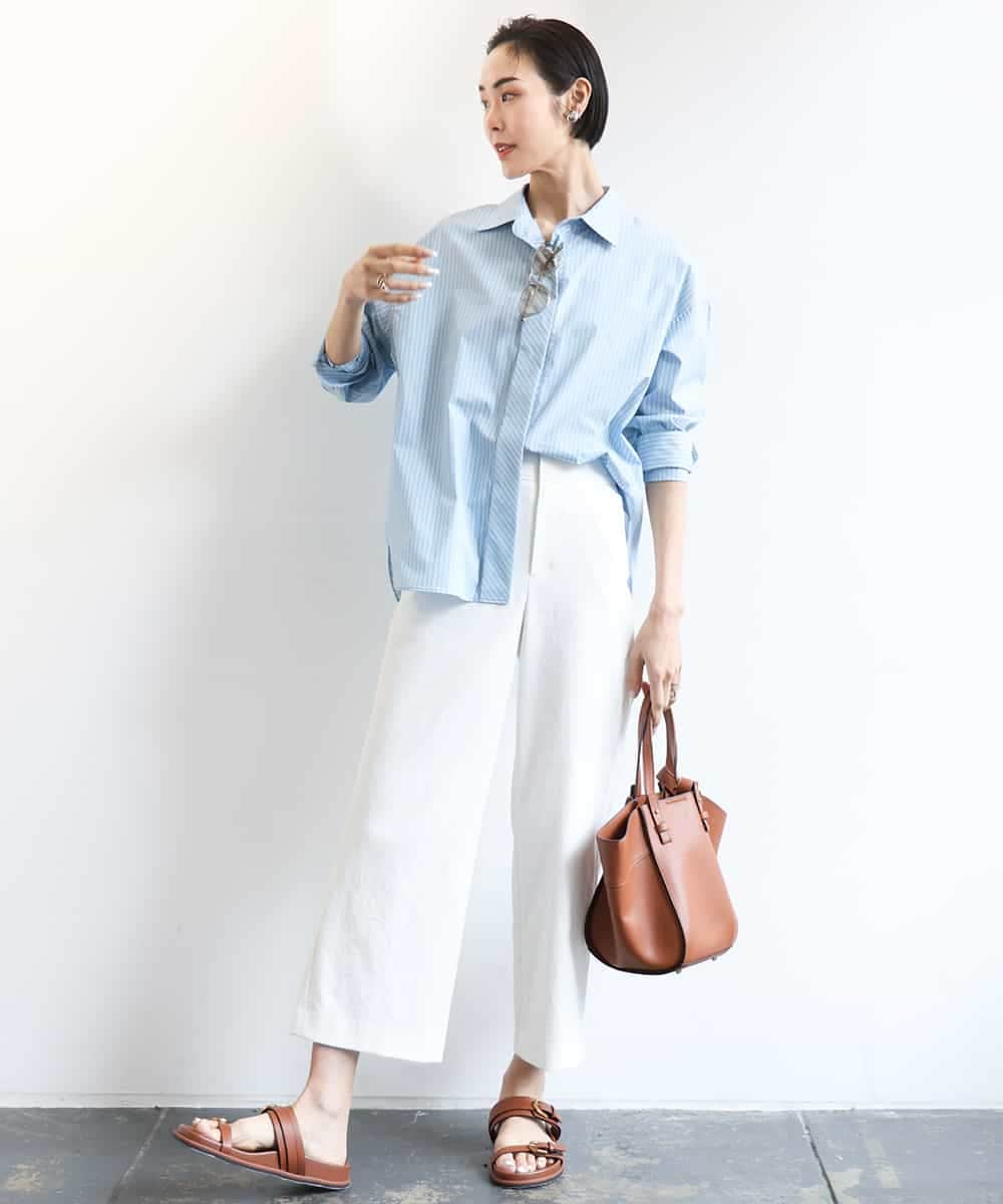 FMBGA08290 MICHEL KLEIN(ミッシェルクラン) [セットアップ対応]ビックシルエットストライプシャツ ライトブルー