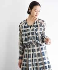 FMBGD10390 MICHEL KLEIN(ミッシェルクラン) [セットアップ対応]チェック柄細めリボンスキッパーブラウス アイボリー