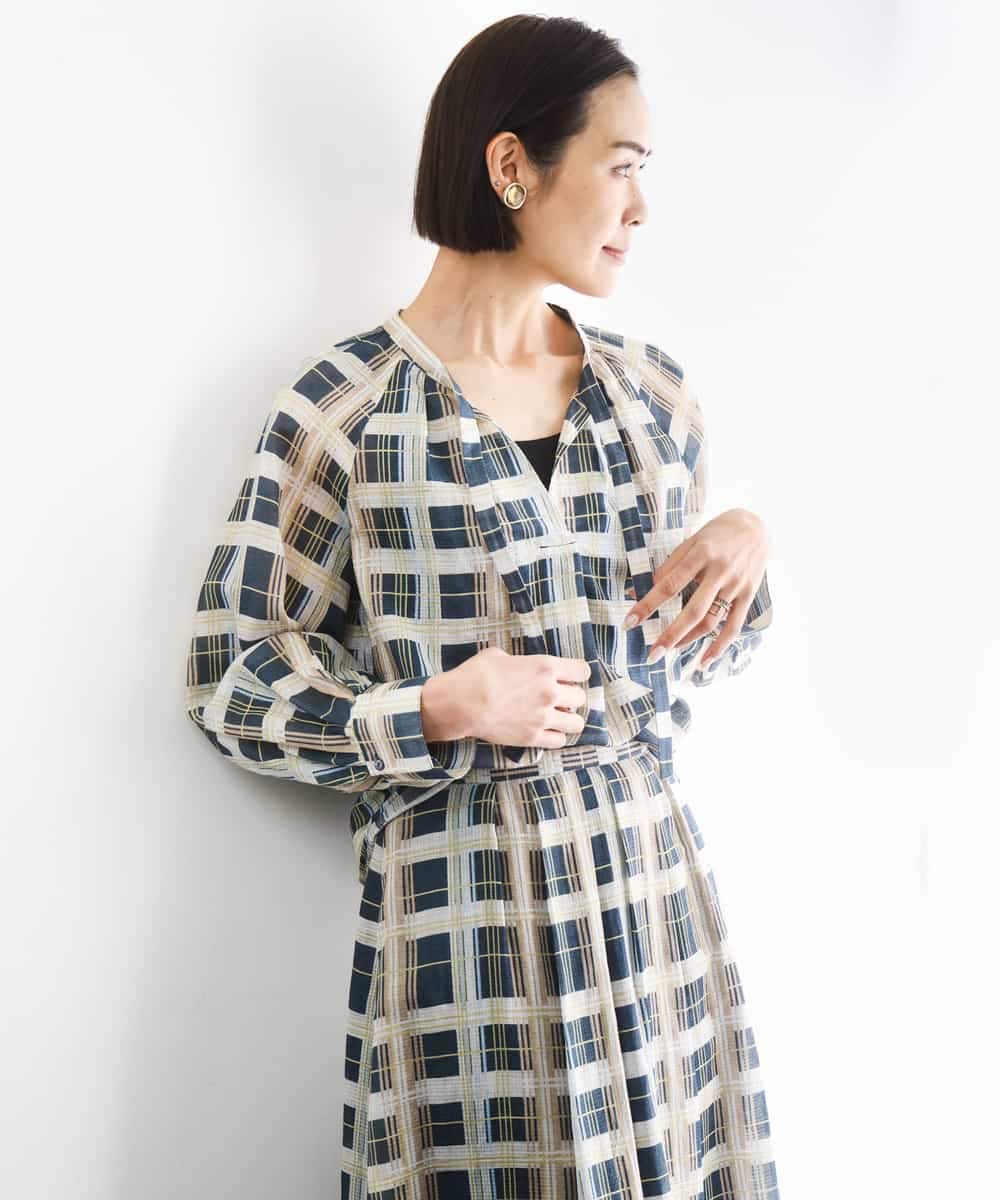 FMBGD10390 MICHEL KLEIN(ミッシェルクラン) [セットアップ対応]チェック柄細めリボンスキッパーブラウス アイボリー