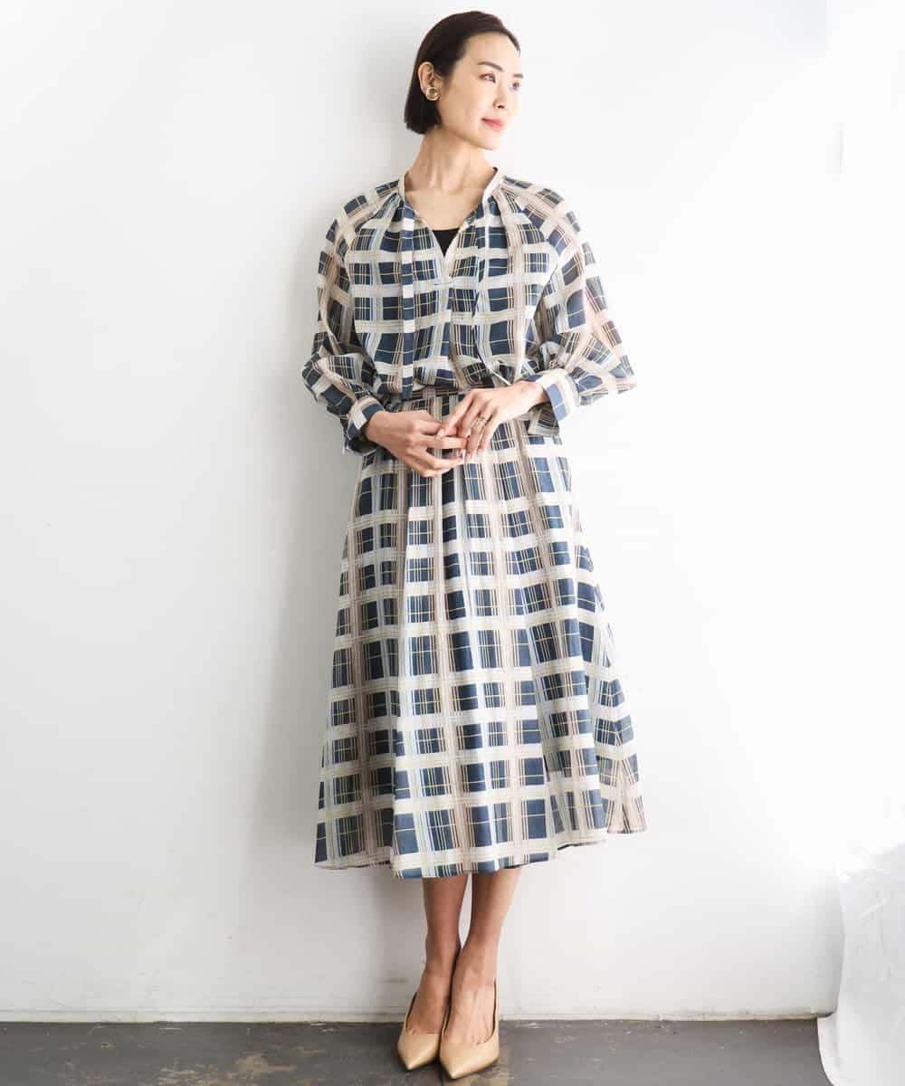 FMBGD10390 MICHEL KLEIN(ミッシェルクラン) [セットアップ対応]チェック柄細めリボンスキッパーブラウス アイボリー