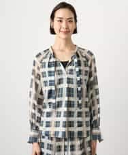 FMBGD10390 MICHEL KLEIN(ミッシェルクラン) [セットアップ対応]チェック柄細めリボンスキッパーブラウス アイボリー