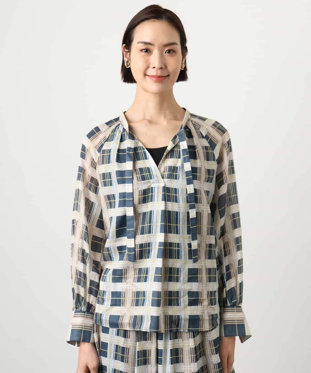 FMBGD10390 MICHEL KLEIN(ミッシェルクラン) [セットアップ対応]チェック柄細めリボンスキッパーブラウス アイボリー