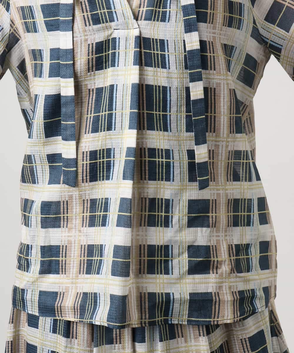 FMBGD10390 MICHEL KLEIN(ミッシェルクラン) [セットアップ対応]チェック柄細めリボンスキッパーブラウス アイボリー