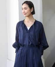 FMBGE10360 MICHEL KLEIN(ミッシェルクラン) [セットアップ対応]ライトワッフル細めリボンスキッパーブラウス ネイビー