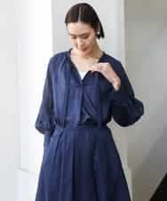 FMBGE10360 MICHEL KLEIN(ミッシェルクラン) [セットアップ対応]ライトワッフル細めリボンスキッパーブラウス ネイビー