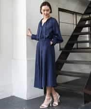 FMBGE10360 MICHEL KLEIN(ミッシェルクラン) [セットアップ対応]ライトワッフル細めリボンスキッパーブラウス ネイビー