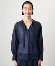 FMBGE10360 MICHEL KLEIN(ミッシェルクラン) [セットアップ対応]ライトワッフル細めリボンスキッパーブラウス ネイビー