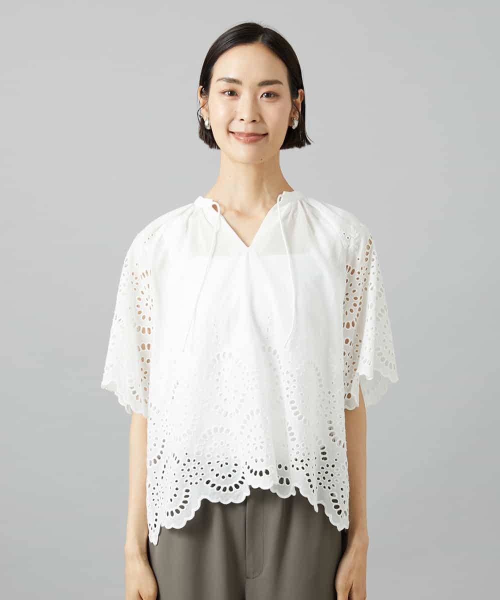 FMBGF08260 MICHEL KLEIN(ミッシェルクラン) スカラップレースブラウス ネイビー