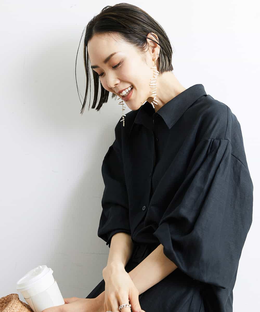 FMBGS01210 MICHEL KLEIN(ミッシェルクラン) [YURI KOBAYASHIコラボ/セットアップ対応]オーバーサイズリネンシャツ ブラック(94)