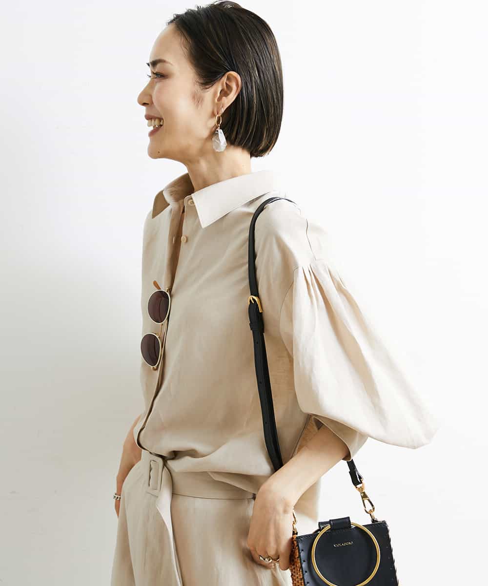 FMBGS01210 MICHEL KLEIN(ミッシェルクラン) [YURI KOBAYASHIコラボ/セットアップ対応]オーバーサイズリネンシャツ ブラック(94)