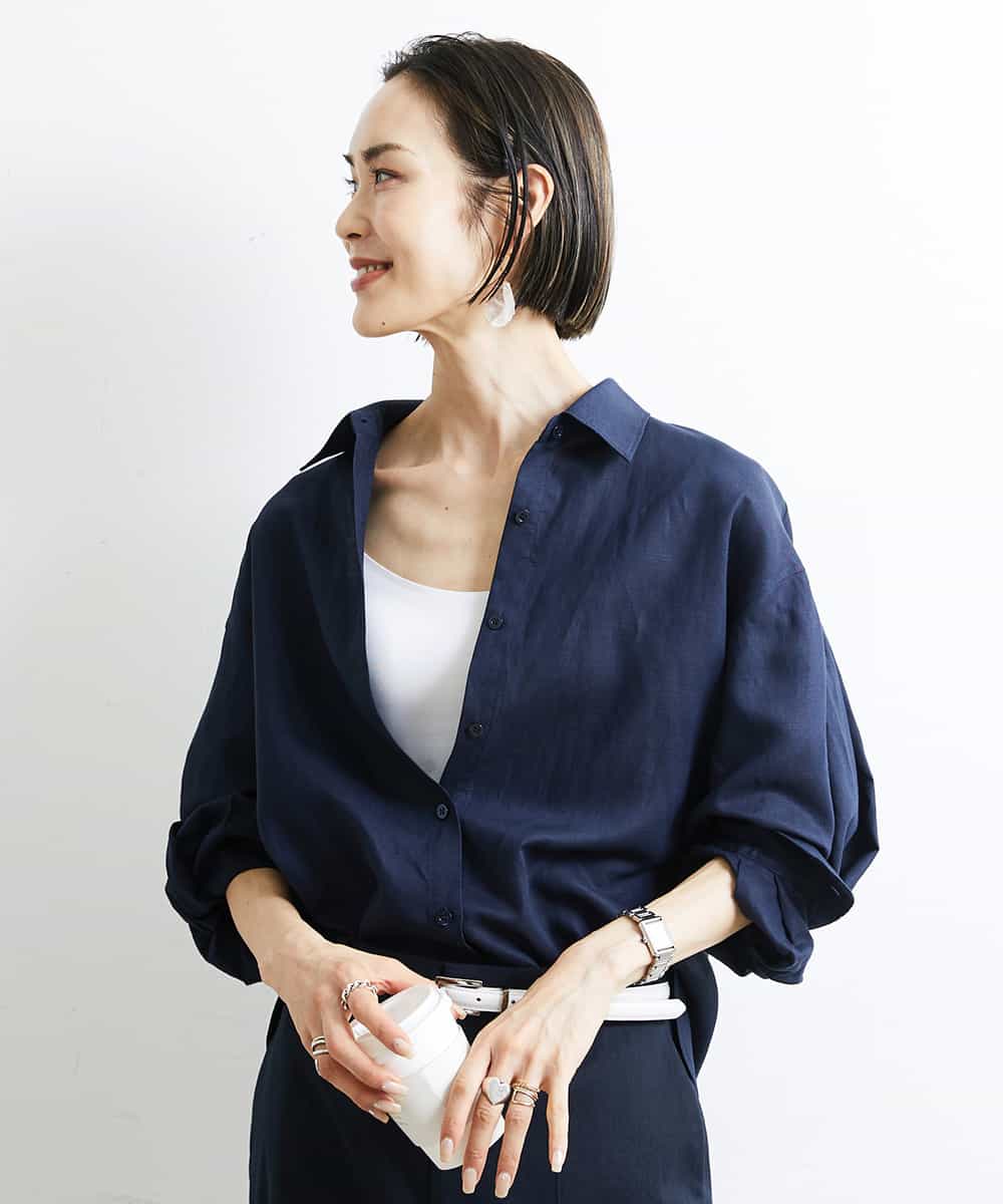 FMBGS01210 MICHEL KLEIN(ミッシェルクラン) [YURI KOBAYASHIコラボ/セットアップ対応]オーバーサイズリネンシャツ ブラック(94)