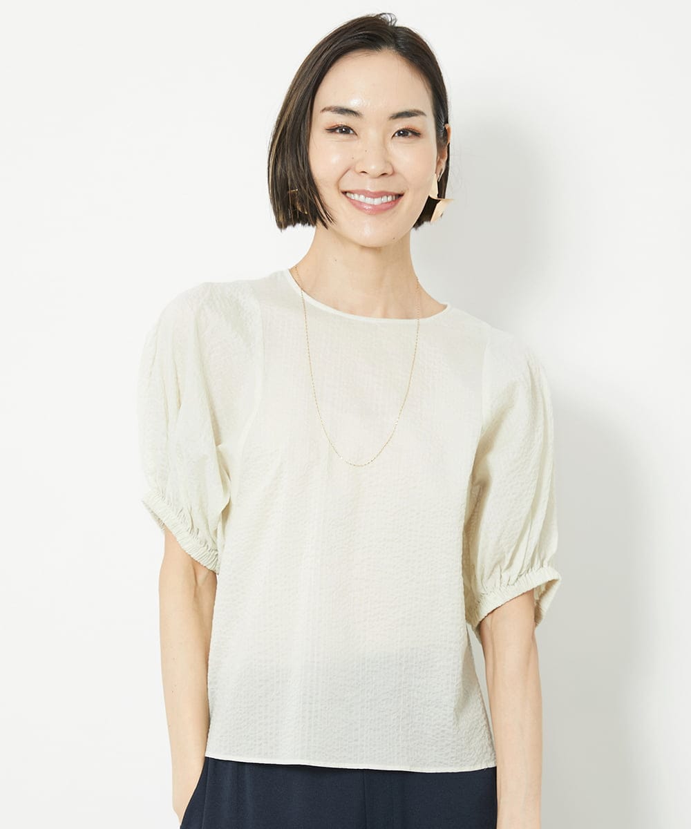 FMBGV45160 MICHEL KLEIN(ミッシェルクラン) パフスリーブサッカーブラウス ライトブルー(50)