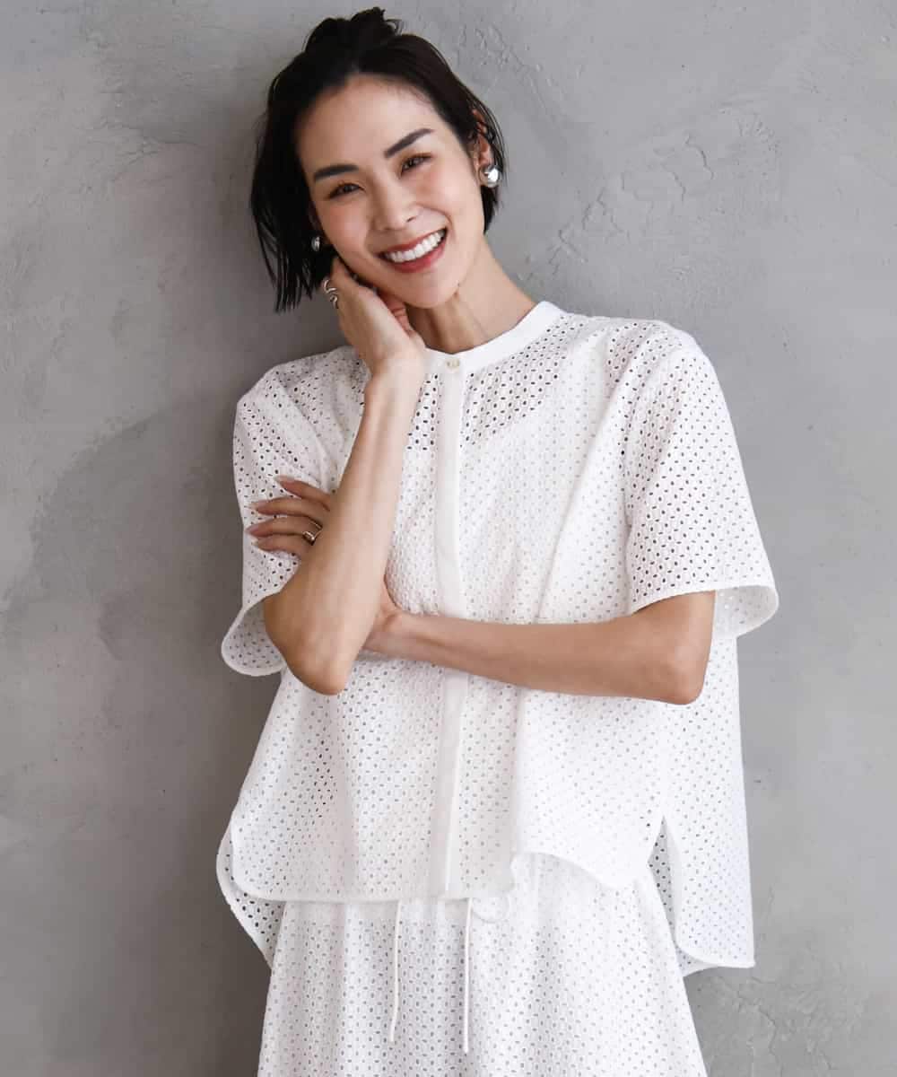 FMBHA18230 MICHEL KLEIN(ミッシェルクラン) [セットアップ対応]エンブロイダリーレースブラウス ライトブルー