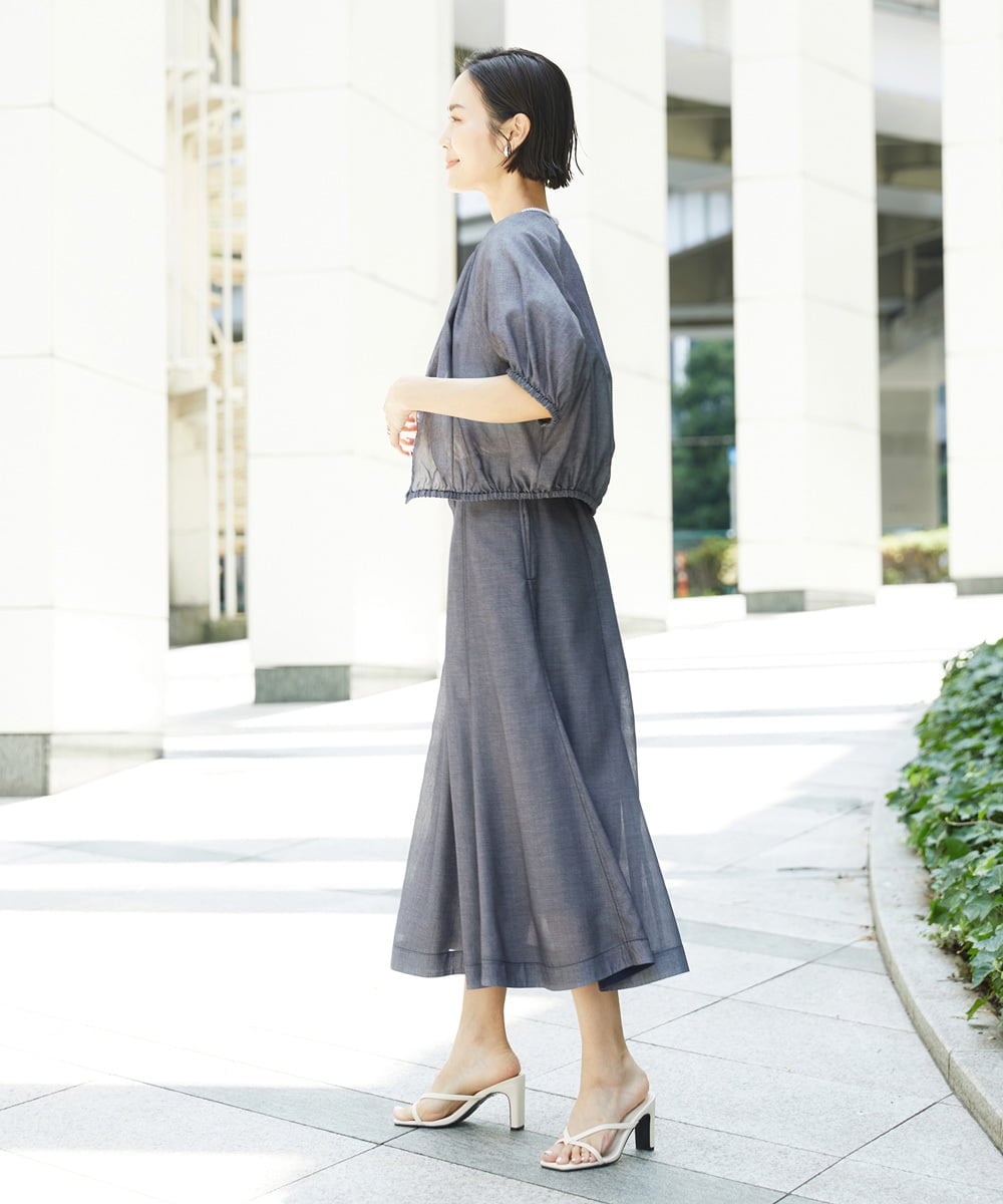 FMBHD05240 MICHEL KLEIN(ミッシェルクラン) [セットアップ対応]デニムライク ギャザーブラウス ネイビー