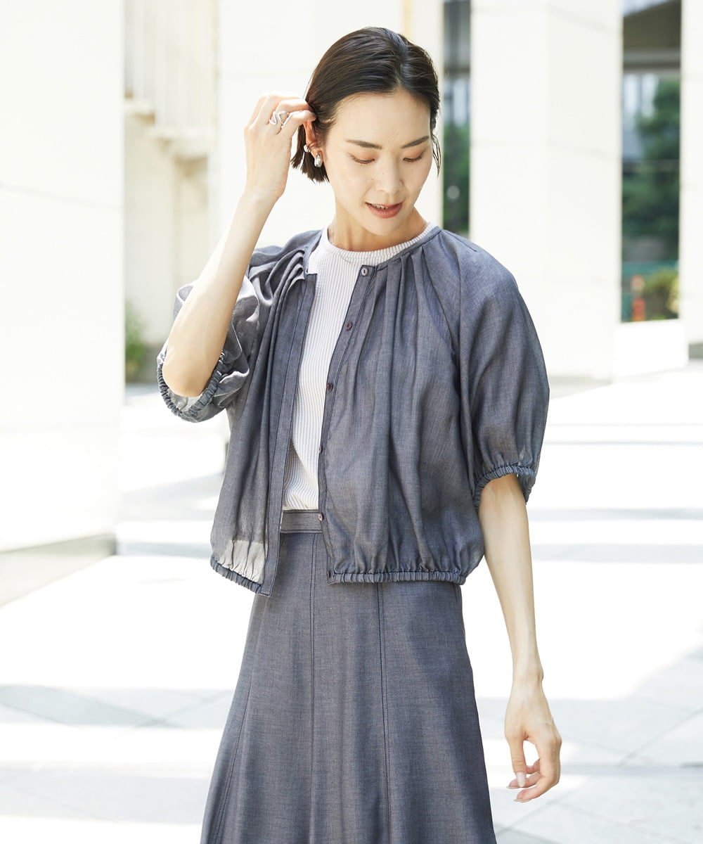 FMBHD05240 MICHEL KLEIN(ミッシェルクラン) [セットアップ対応]デニムライク ギャザーブラウス ネイビー