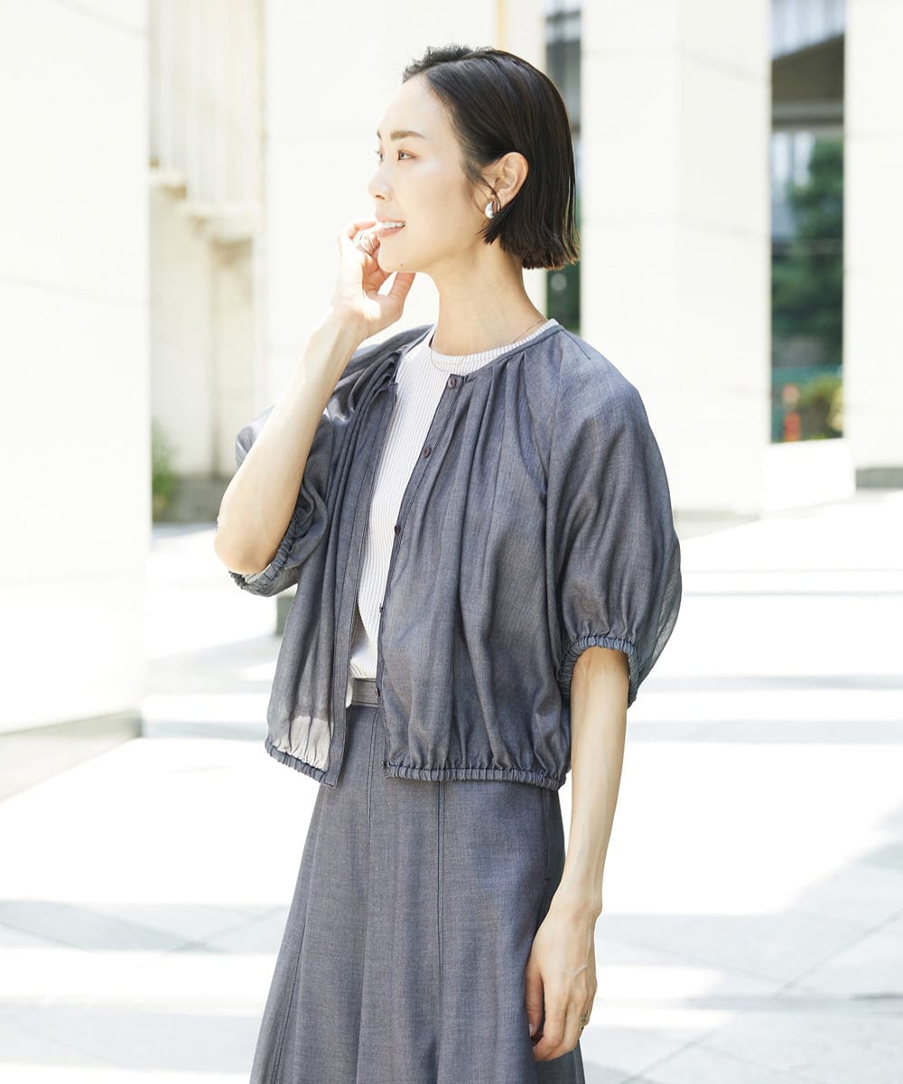 FMBHD05240 MICHEL KLEIN(ミッシェルクラン) [セットアップ対応]デニムライク ギャザーブラウス ネイビー